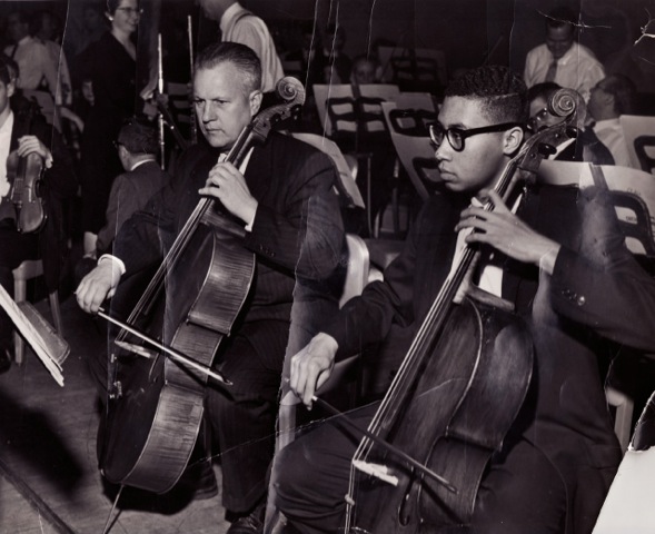 Earl Madison rehearsing with Harry Sturm assistant principal and the Chicago Symphony Orchestra at Orchestra Hall Jan. 1961